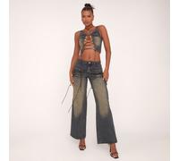 Mid Rise Lace Up Front Wide Leg Jeans In Vintage Blue Denim, Women's Size UK 8