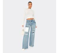 Mid Rise Pocket Distressed Detail Wide Leg Jeans In Washed Blue Denim, Women's Size UK 8