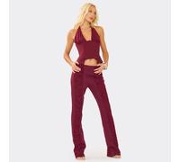 Mid Rise Ruched Detail Flared Leg Trousers In Burgundy, Women's Size UK 8