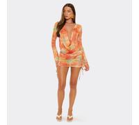 Mid Rise Ruched Tie Side Detail Mini Skirt In Multi Abstract Printed Mesh, Women's Size UK 12
