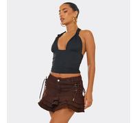 Mid Rise Ruffle Side Lace Up Detail Mini Skirt In Brown Denim, Women's Size UK Small S