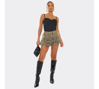 Mid Rise Ruffle Side Lace Up Detail Mini Skirt In Leopard Print Denim, Women's Size UK Large L