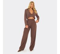 Mid Rise Tailored Wide Leg Trousers In Brown Pinstripe, Women's Size UK Large L