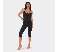 Mid Rise Tie Waist Drape Detail Capri Trousers In Black Lace, Women's Size UK 12