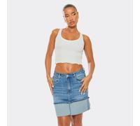 Mid Rise Turn Up Hem Detail Mini Skirt In Washed Blue Denim, Women's Size UK Large L