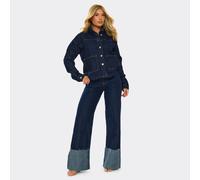 Mid Rise Turn Up Hem Detail Wide Leg Jeans In Indigo Blue Denim, Women's Size UK Extra Small XS