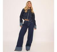 Mid Rise Turn Up Hem Wide Leg Jeans In Dark Indigo Denim, Women's Size UK 14