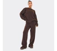 Mid Rise Wide Leg Trousers In Chocolate Brown Boucle Knit, Women's Size UK Large L