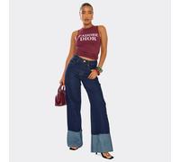 Mid Rise Wide Leg Turn Up Hem Detail Jeans In Indigo Blue Denim, Women's Size UK Extra Large XL