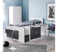 Mid Sleeper with Storage, Happy Beds Cookie White Charcoal Grey Multicolour Wood Modern Cabin Bed - 3ft Single (90 x 190 cm) with Memory Foam Mattress Included
