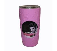 Mid-South Products Elvis Presley Looking Down With Pink Caddy Embossed Silicone Sleeved Double Insulated Travel Mug 16 oz