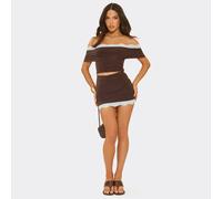 Mid Waist Lace Trim Mini Skirt In Chocolate Brown Slinky, Women's Size UK 12