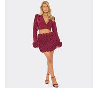 Mid Waist Textured Detail Mini Skirt In Burgundy, Women's Size UK 8
