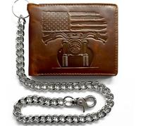 MID WEST RANGE Patriotic Biker Bifold Wallet with Chain for Men - Distressed Brown Leather, RFID-Blocking with 10 Card Slots, Flip-Out ID Holder, Embossed American Flag and Motorcycle Design