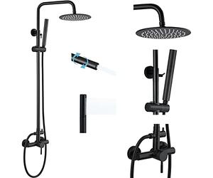 Midanya Matte Black Outdoor Shower Fixture Set SUS 304 Stainless Steel 8 Inch Rainfall Shower Head with 2 in 1 Cylinder Handheld Spray Wall Mount Adjustable Slide Bar One Handle Shower Faucet