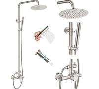 Midanya Outdoor Shower Fixture Set Brushed Nickel 8 Inch Rainfall Shower Head with 2 in 1 Cylinder Handheld Spray Wall Mount Adjustable Slide Bar SUS 304 Stainless Steel One Handle Shower Faucet