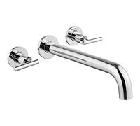 Midanya Polish Chrome Bathtub Facuet Wall Mount Tub Filler Two Level Handles Long Spout Reach Solid Brass High Flow 3 Hole Bathroom Tub Faucet with Rough in Valve included Roman Tub Faucet