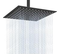 Midanya Rainfall Shower Head Square Stainless Steel Rain Showerhead High Pressure Waterfall Crackproof Coverage with Silicone Nozzle 1/16" Ultra Thin Design Swivel Connector,Matte Black 12 Inch