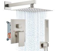 Midanya Rain Shower System Square Rainfall Shower Head Wall Mount Shower Faucet Set with Hand Sprayer Rough-in Valve Trim Kit Bathroom Mixer Shower Combo Set,10 Inch,Brushed Nickel