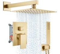 Midanya Shower Faucet Set,Wall Mount Shower System with Square Rain Shower Head and Hand Sprayer, Rough-in Valve Body and Trim Kit Included,12 Inch,Brushed Gold