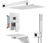 Midanya Shower System with Tub Spout, Shower Faucet Set with Square Rain Head and Hand Sprayer, Bath Faucet Set with Valve and Trim Kit, 16