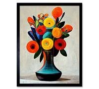 Wall Art Print Midcentury Style Bright Floral Bouquet Flowers Painting Orange Yellow Red Turquoise Art Framed Artery8 Black W12 inch x H16 inch