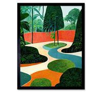 Wall Art Print Midcentury Style Garden Abstract Jungle Painting Orange Teal Green Art Framed Artery8 Black W12 inch x H16 inch