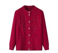 Middle Aged and Elderly Knitted Cardigan Fleece Lined Crew Neck Embroidery Cardigan with Pocket Mother Wear Warm Sweater Coat Jacket Spring Autumn Red S
