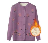Middle-Aged and Elderly Knitted Cardigan for Womens Winter Cardigans Warm Fleece Lined Sweatshirts Floral Pattern Old Lady Mother Wear Grandma Jacket Clothes Purple S