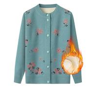 Middle-Aged and Elderly Knitted Cardigan for Womens Winter Cardigans Warm Fleece Lined Sweatshirts Floral Pattern Old Lady Mother Wear Grandma Jacket Clothes Light Blue S