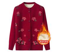 Middle-Aged and Elderly Knitted Cardigan for Womens Winter Cardigans Warm Fleece Lined Sweatshirts Floral Pattern Old Lady Mother Wear Grandma Jacket Clothes Wine Red L