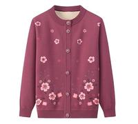 Middle Aged and Elderly Knitted Cardigan Grandma Wear Thick Fleece Lined Crew Neck Floral Print Cardigan Mother Wear Warm Sweater Coat Jacket Spring Winter（Pink）