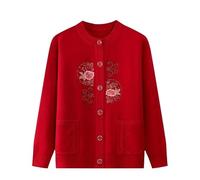 Middle-Aged and Elderly Knitted Cardigan Sweaters - Old Lady Sweaters for Women Button Up Long Sleeve Knitted Cardigans Jumpers with Pockets Warm Jackets Coats Red M