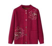 Middle-Aged and Elderly Knitted Cardigan Sweaters Round Neck Rose Flower Sequins Grandma Sweater Coat Winter Thick Warm Fleece Lined Cardigans Knitwear Jacket Daily Wear Burgundy Red