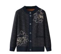 Middle-Aged and Elderly Knitted Cardigan Sweaters Round Neck Rose Flower Sequins Grandma Sweater Coat Winter Thick Warm Fleece Lined Cardigans Knitwear Jacket Daily Wear
