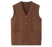 Middle Aged Mother Waistcoat Autumn Knitted Vest Korean Women Winter Beaded Sweater Top Brown