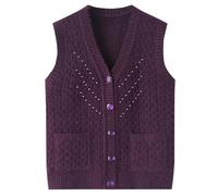 Middle Aged Mother Waistcoat Autumn Knitted Vest Korean Women Winter Beaded Sweater Top Purple