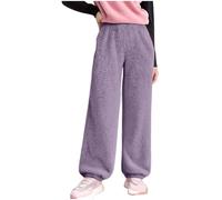 Middle and Large Children Solid Color Winter Drawstring Trousers - Plush Trousers with Elastic Waist and Side Pockets, Casual Sports Double-Sided Fleece Pants, 5-15 Years Purple