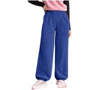 Middle and Large Children Solid Color Winter Drawstring Trousers - Plush Trousers with Elastic Waist and Side Pockets, Casual Sports Double-Sided Fleece Pants, 5-15 Years Blue