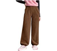 Middle and Large Children Solid Color Winter Drawstring Trousers - Plush Trousers with Elastic Waist and Side Pockets, Casual Sports Double-Sided Fleece Pants, 5-15 Years Brown