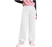 Middle and Large Children Solid Color Winter Drawstring Trousers - Plush Trousers with Elastic Waist and Side Pockets, Casual Sports Double-Sided Fleece Pants, 5-15 Years White