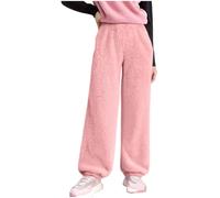 Middle and Large Children Solid Color Winter Drawstring Trousers - Plush Trousers with Elastic Waist and Side Pockets, Casual Sports Double-Sided Fleece Pants, 5-15 Years Pink