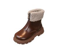 Middle and Large Children's Fall and Winter Solid Color Frizzled Feather Boots - British Style Zipper Plus Cotton Leather Shoes, Simple Fashion Warm Short Boots
