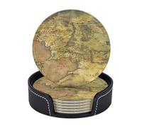 Middle Earth Map Print Leather Coasters Set Of 6 With Holder Drink Coasters Non-Slip Cup Mat For Home Office Kitchen