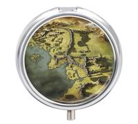Middle Earth Map Round Pill Box Cute Small Fish Oil Cases Portable 3 Compartment Pill Boxes Round Pill Case with Mirror for Vitamins Medication Supplements Gift