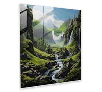 Middle-earth waterfall glass print - Middle-earth, glass printing, modern art, lush green valley, 30.5cm x 30.5cm