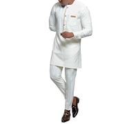 Middle East Thobe with Trousers Set Muslim Abaya Men's African Suit Long Sleeve Loose Kaftan Dubai Arab Clothing Islamic Costume African Dashiki Suits 2 Piece Outfits (White, L)