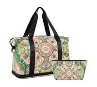 Middle Eastern Style Flora Pink and Green Gym Duffel Bag Gym Sports Carry with Adjustable Strap for Trekking 2 Pcs Set, Middle Eastern style flora pink and green, One Size