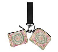 Middle Eastern Style Flora Pink and Green Women's Card Cases Change Holder Slim Portable Business Card Holder with Zipper Coin Pocket for Work Travel 2 Packs, Middle Eastern style flora pink and green