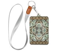 Middle Eastern Style Floral Motifs and Geometric Shapes Brown and Teal Leather Work Badge Holder with Lanyard and 3-Card Capacity Card Holders for Office Shcool Hospital & Driver Licence